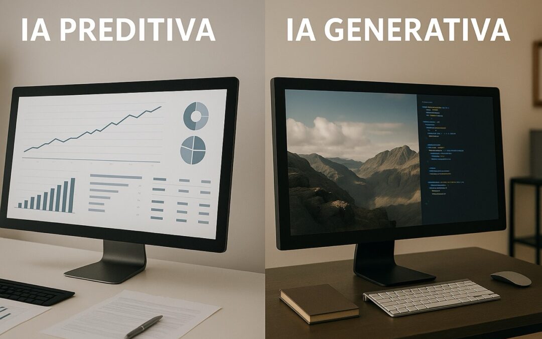 Comparação visual entre IA Preditiva e IA Generativa, com dois monitores lado a lado — o da esquerda exibindo gráficos e dados, representando IA Preditiva, e o da direita mostrando imagem gerada e código, representando IA Generativa.
