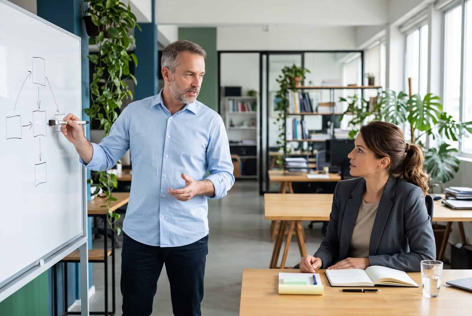 Consultor de IA desenha no quadro branco o fluxo de um processo da empresa enquanto a gestora acompanha no notebook