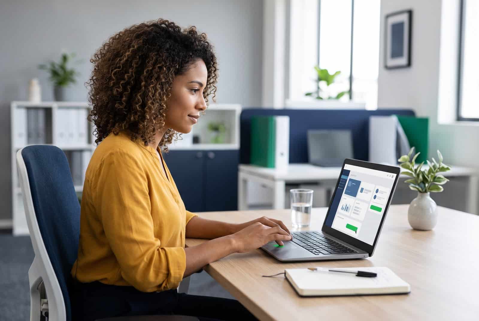 Colaboradora acompanha no notebook um fluxo de trabalho automatizado com inteligência artificial no escritório