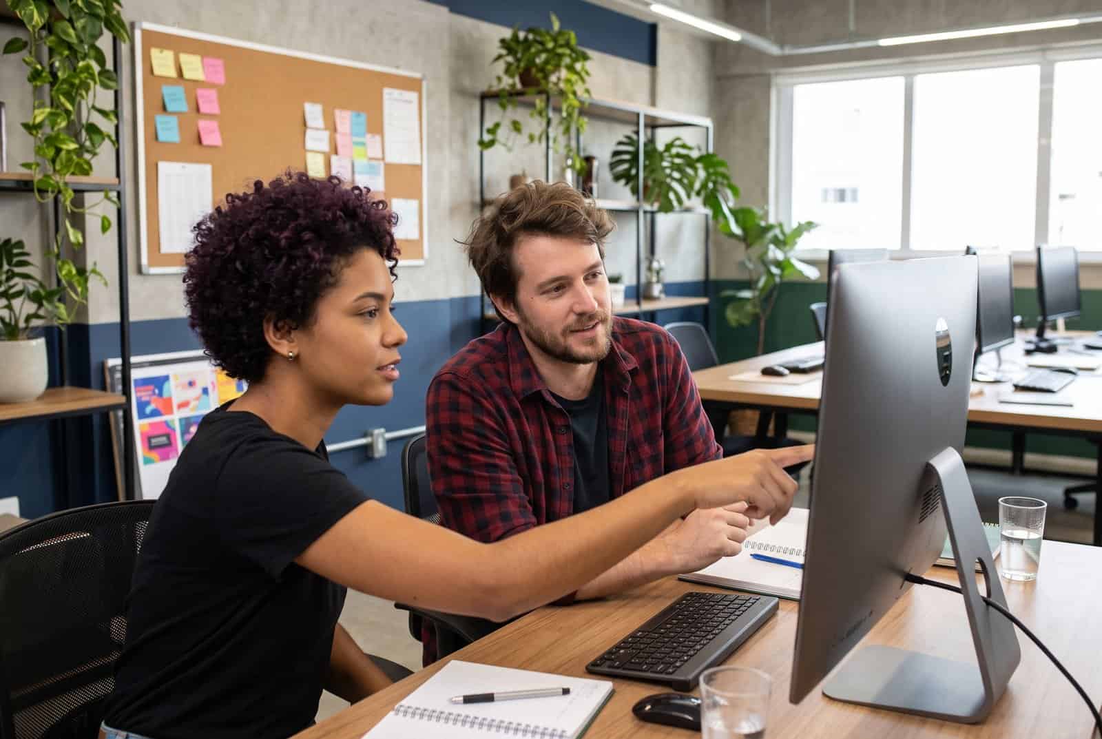 Case de IA em agência de marketing: produção de conteúdo Equipe de uma agência de marketing revisa no monitor conteúdos produzidos com inteligência artificial