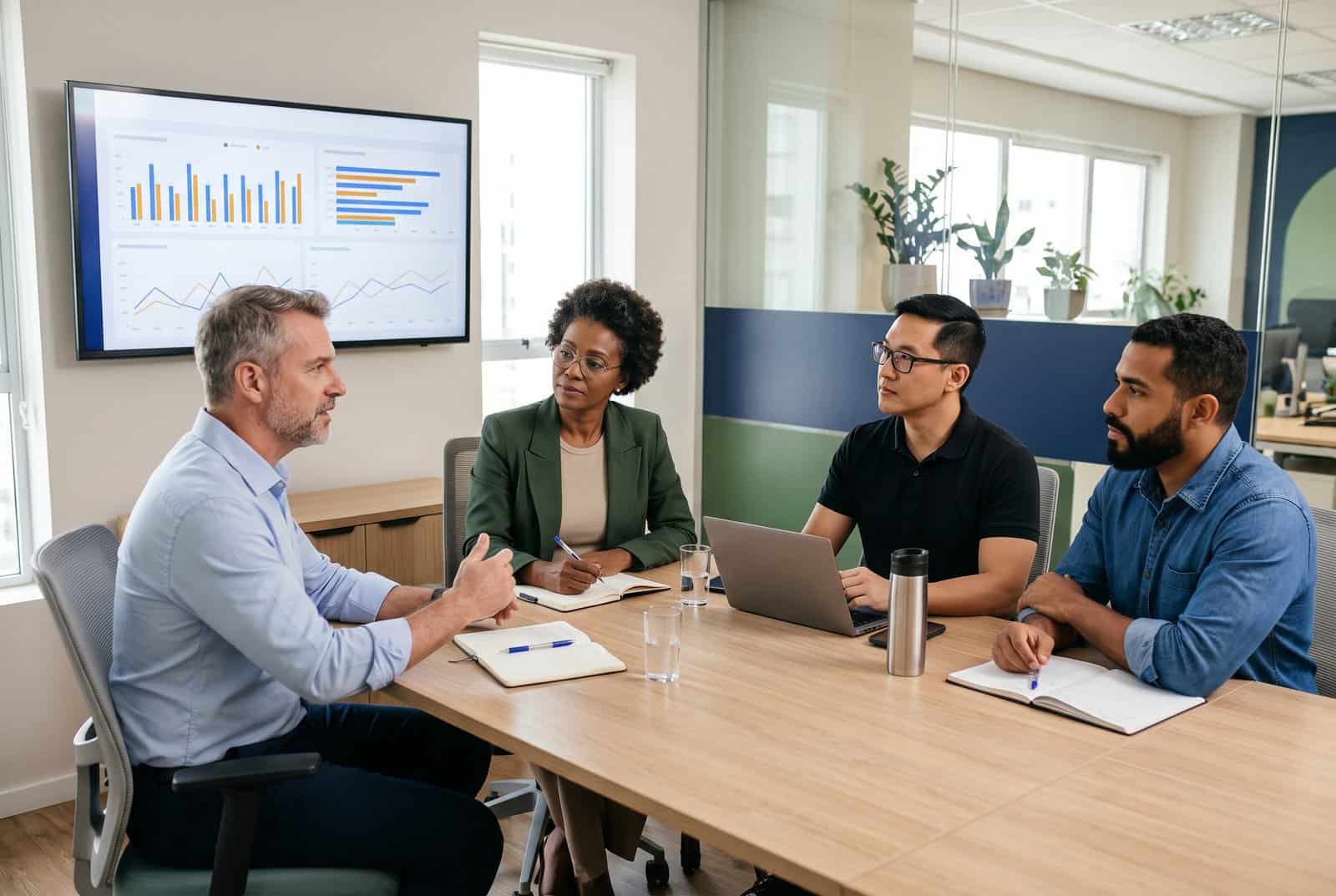 IA para empresas: consultor apresenta resultados à equipe Consultor de IA apresenta à equipe de uma pequena empresa um painel com indicadores de uso de inteligência artificial em reunião