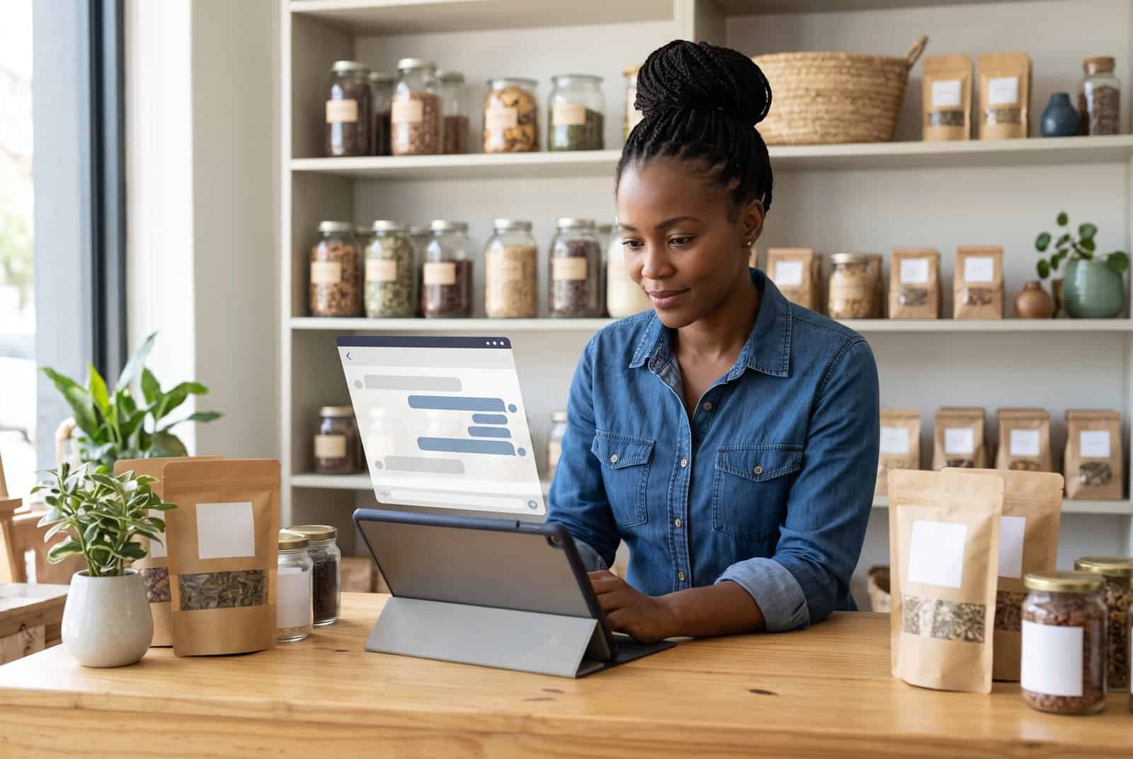 Empreendedora de uma pequena empresa usa um assistente de inteligência artificial no tablet para organizar o trabalho da loja